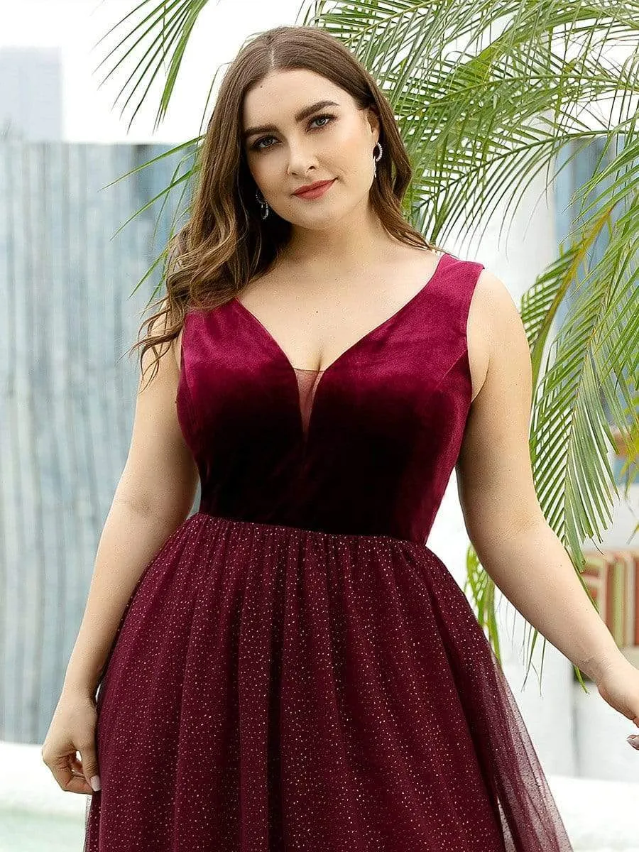Plus Size Deep V Neck A-Line Velvet & Tulle Evening Dresses
