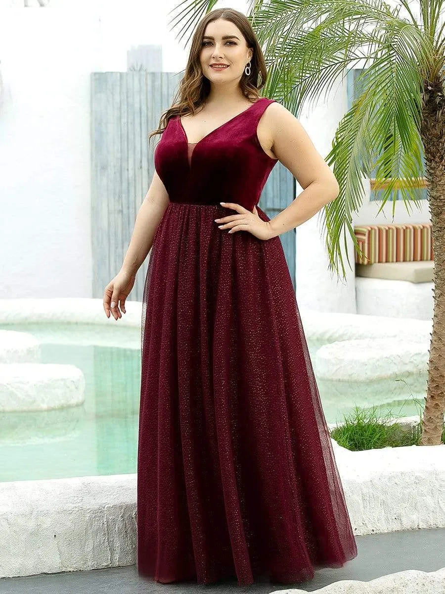 Plus Size Deep V Neck A-Line Velvet & Tulle Evening Dresses