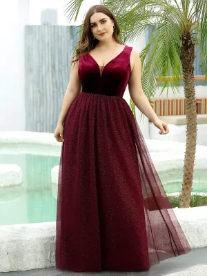 Plus Size Deep V Neck A-Line Velvet & Tulle Evening Dresses