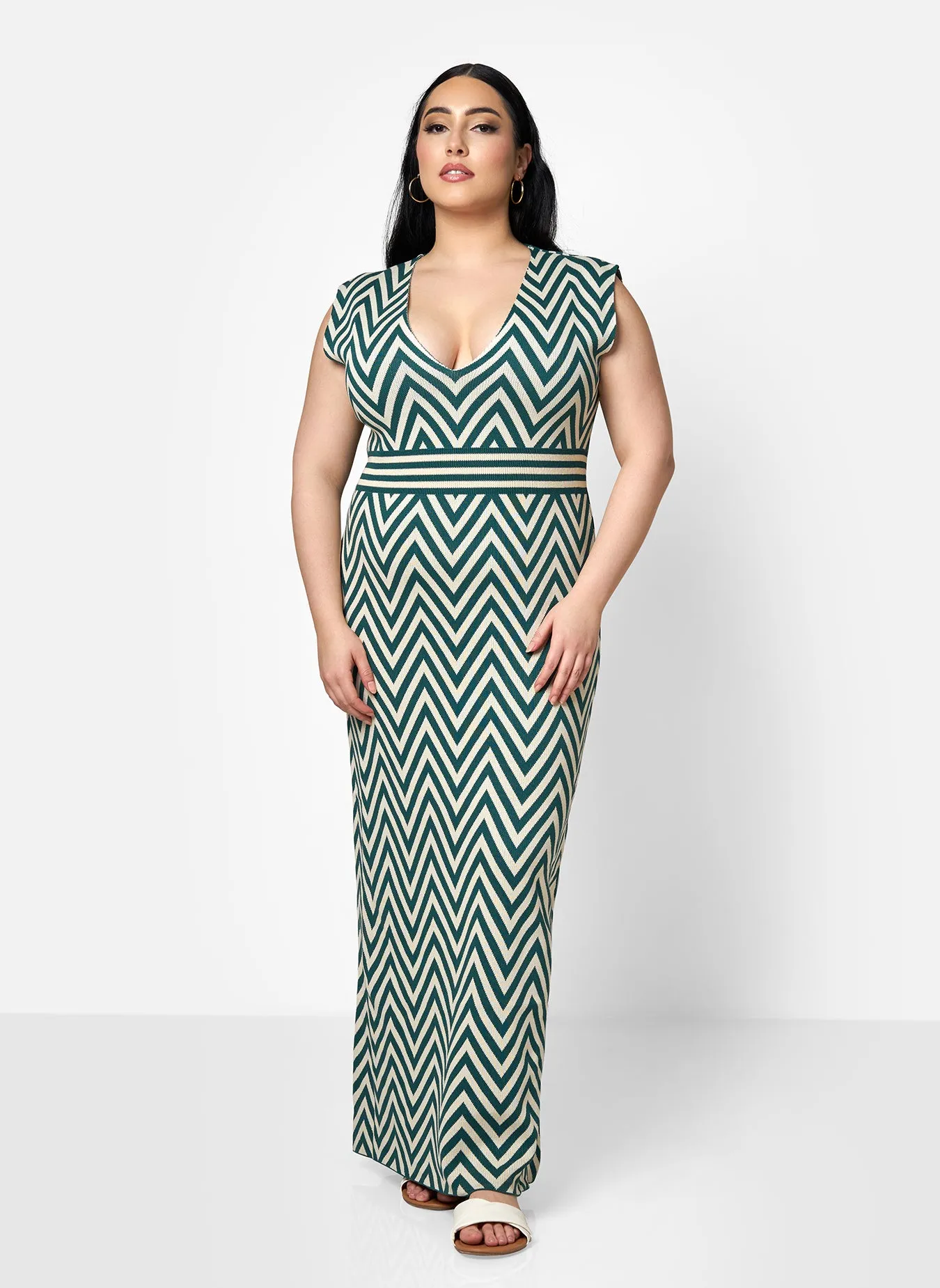 Rachida Knit Chevron V Neck Bodycon Dress