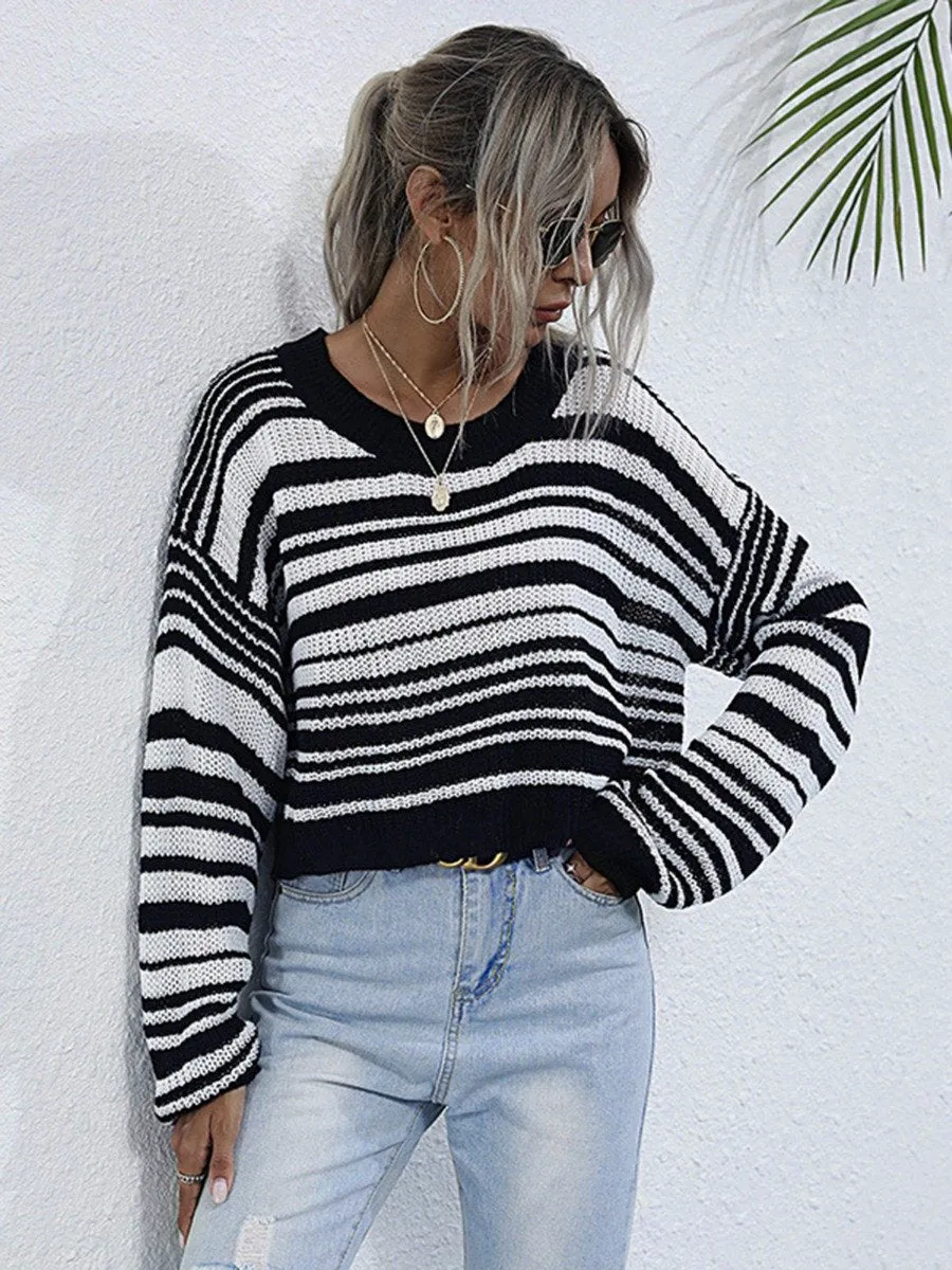 Round Neck Long Sleeve Bottomed Short Striped Sweater Women Base Knitted Blouse Sweater