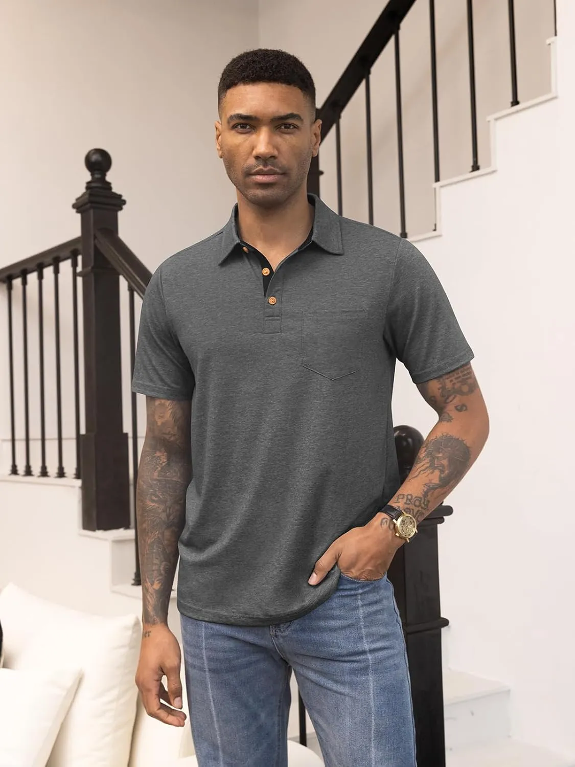 RQP Casual Polo Shirts for Men Short Sleeve Quick Dry Polo Shirts Collared T-Shirt