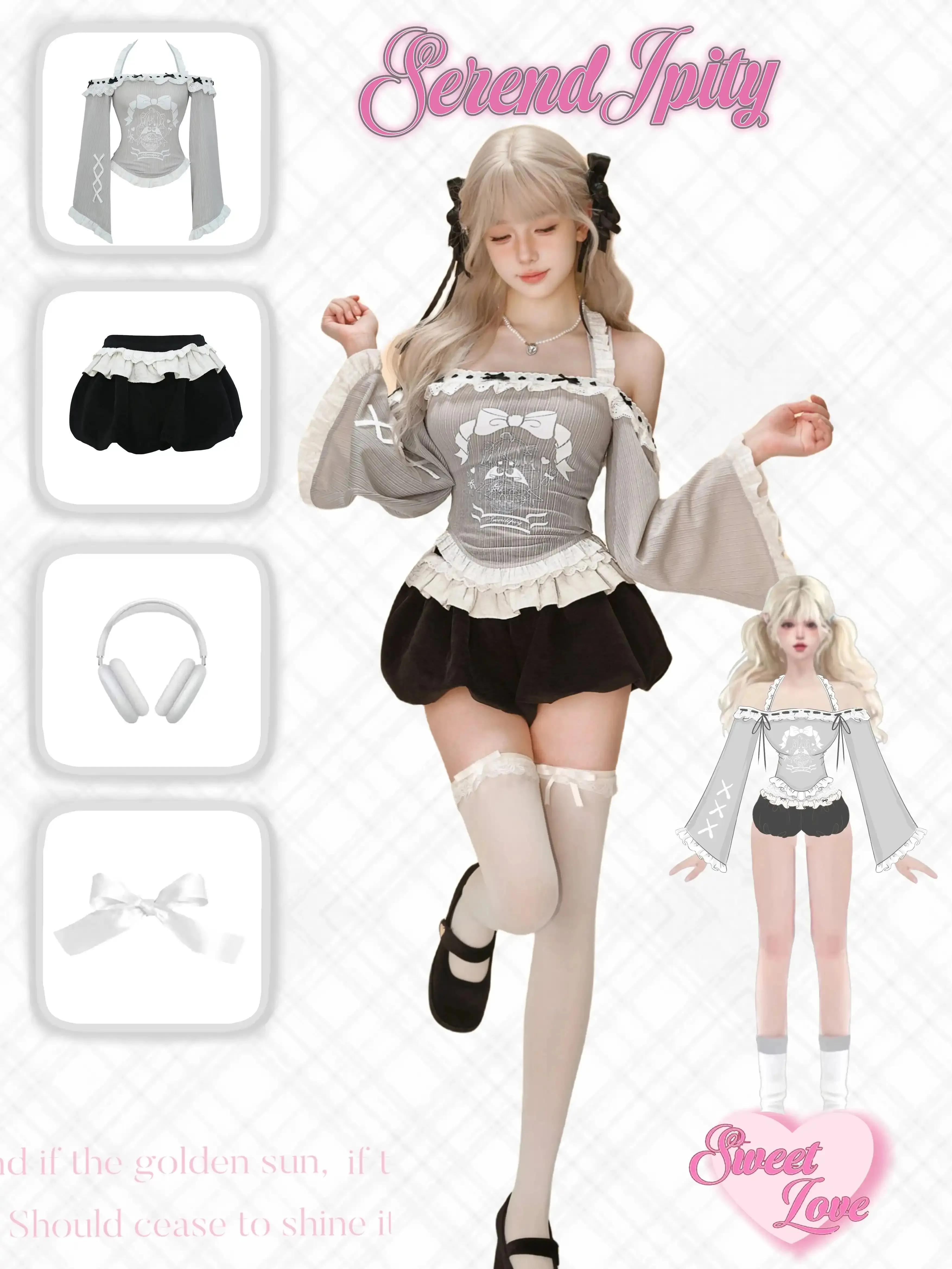 Serendipity Sugar Bobo Gray Top & Black Velvet Shorts Two Piece Set