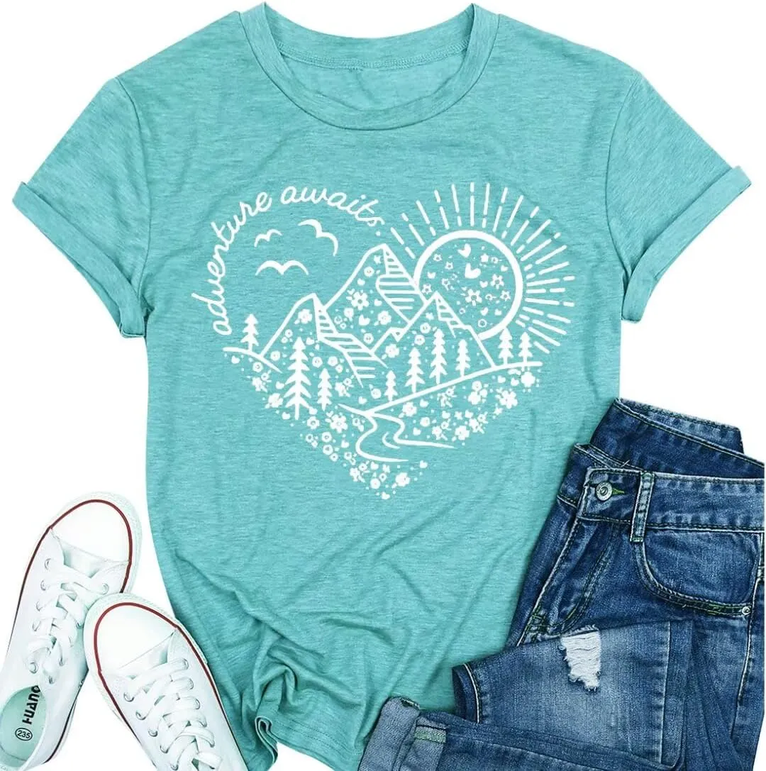 T&Twenties Women Adventure Awaits Mountain T Shirt Summer Camper Hiking Printed Hike Mountain Tree Graphic Travel Tee Shirt