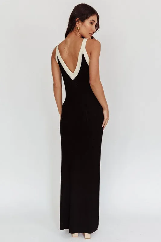 Two Tone V- Neck Maxi Dress