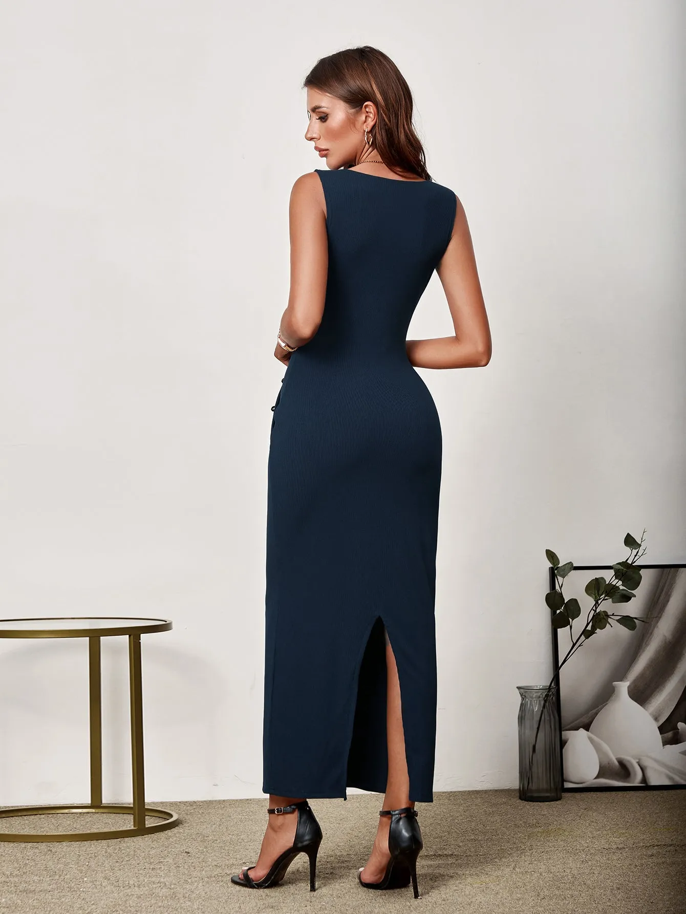 V-Neck Button Placket Back Split Bodycon Dress