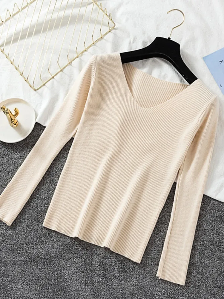 V-neck long sleeve Knitted Sweater Pullover Top