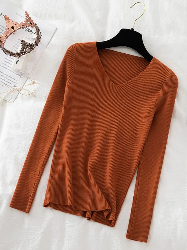V-neck long sleeve Knitted Sweater Pullover Top