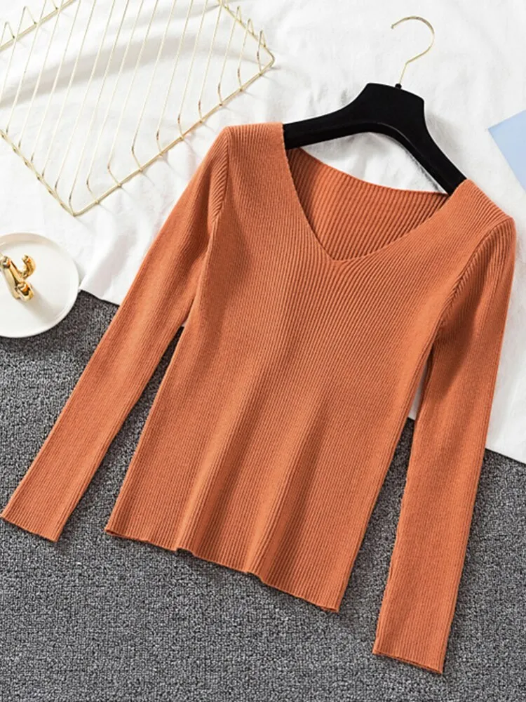 V-neck long sleeve Knitted Sweater Pullover Top