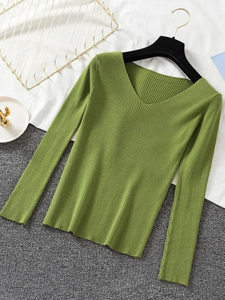 V-neck long sleeve Knitted Sweater Pullover Top