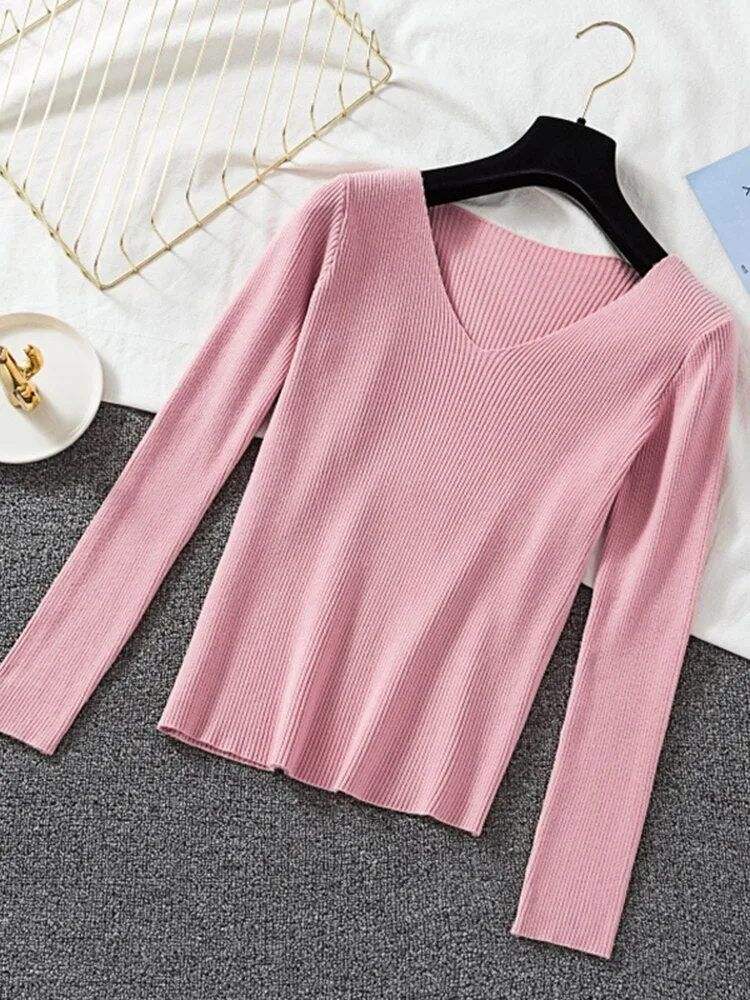 V-neck long sleeve Knitted Sweater Pullover Top