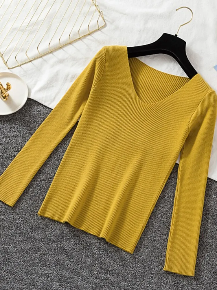 V-neck long sleeve Knitted Sweater Pullover Top