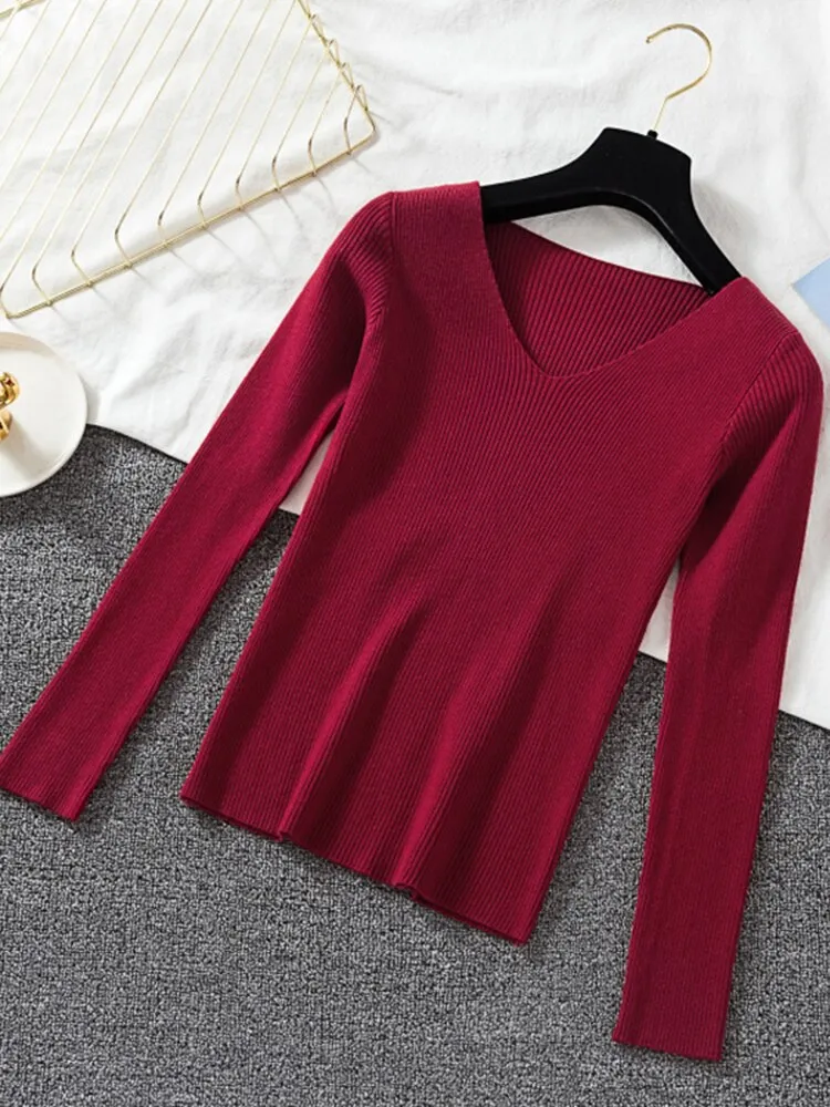 V-neck long sleeve Knitted Sweater Pullover Top
