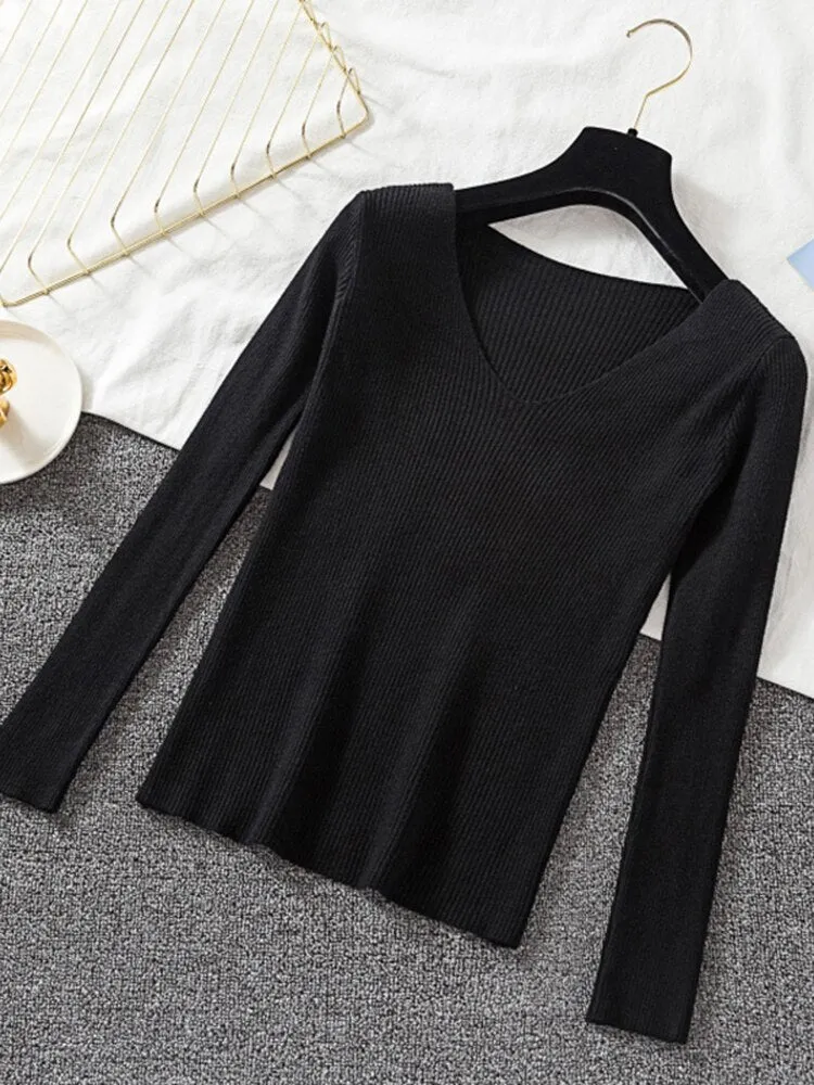 V-neck long sleeve Knitted Sweater Pullover Top