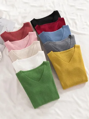 V-neck long sleeve Knitted Sweater Pullover Top