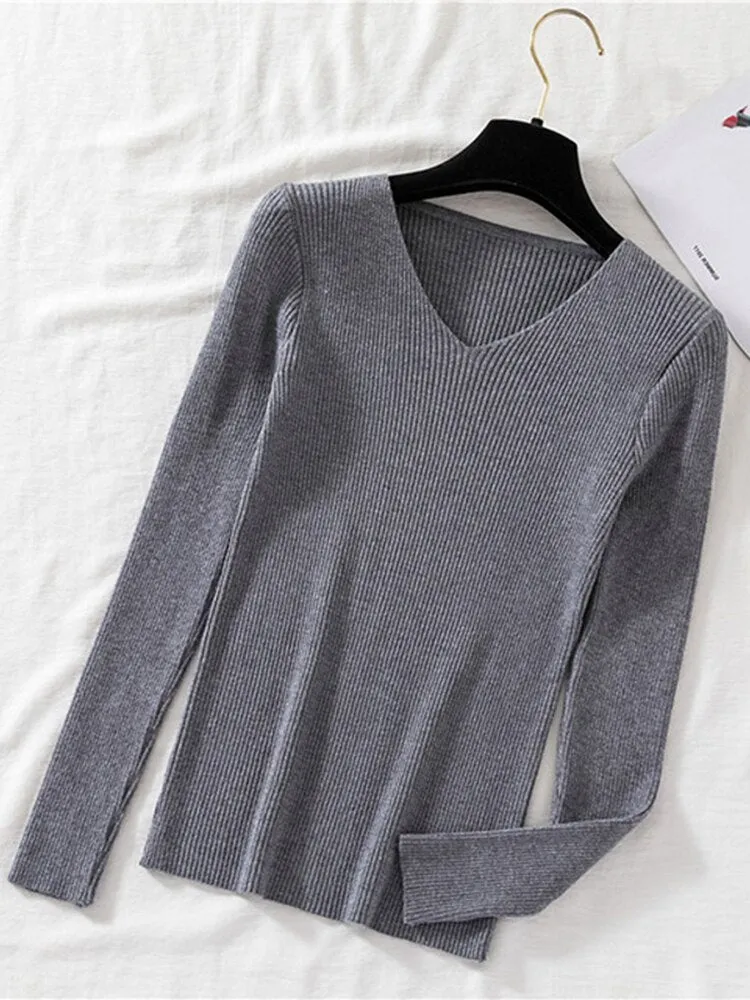 V-neck long sleeve Knitted Sweater Pullover Top
