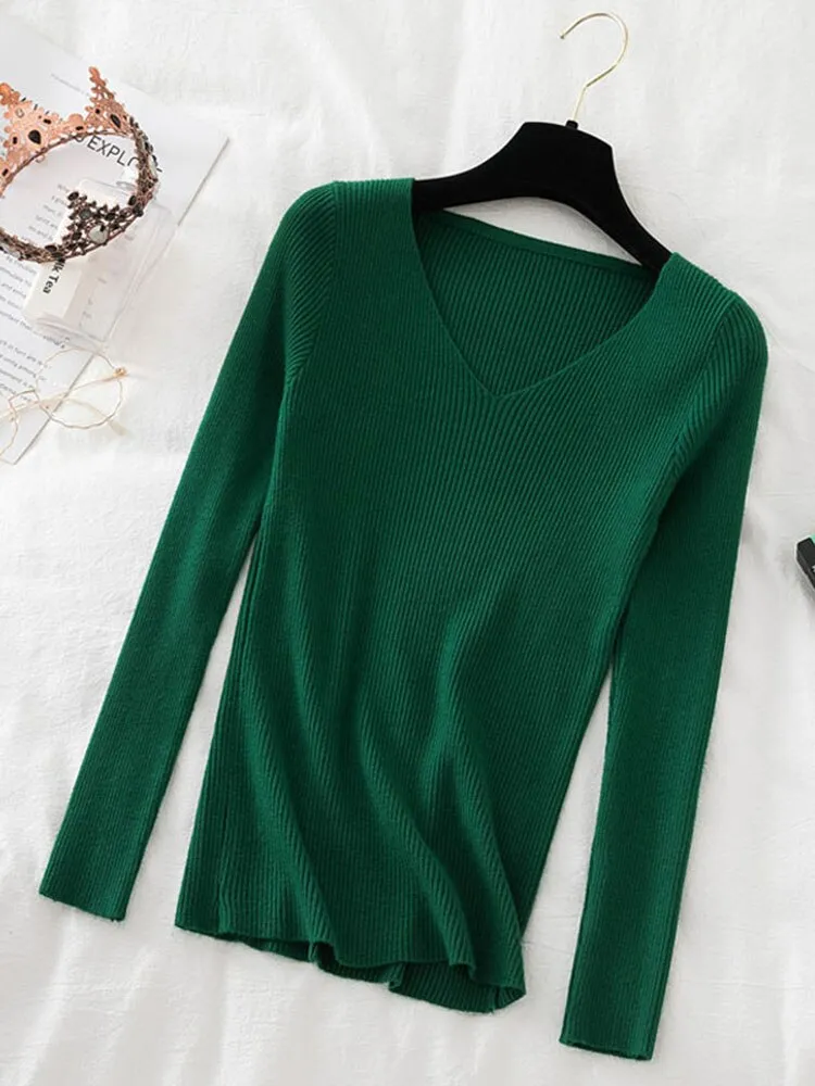V-neck long sleeve Knitted Sweater Pullover Top