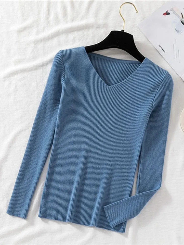 V-neck long sleeve Knitted Sweater Pullover Top