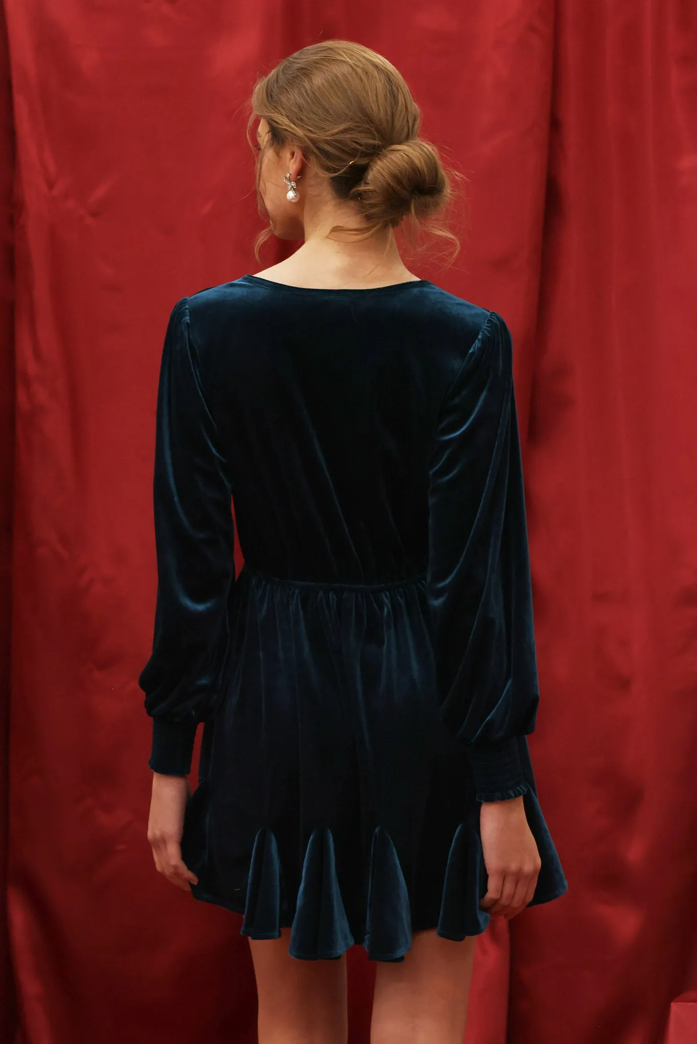 VELVET SPLIT COLLAR GODET MINI DRESS