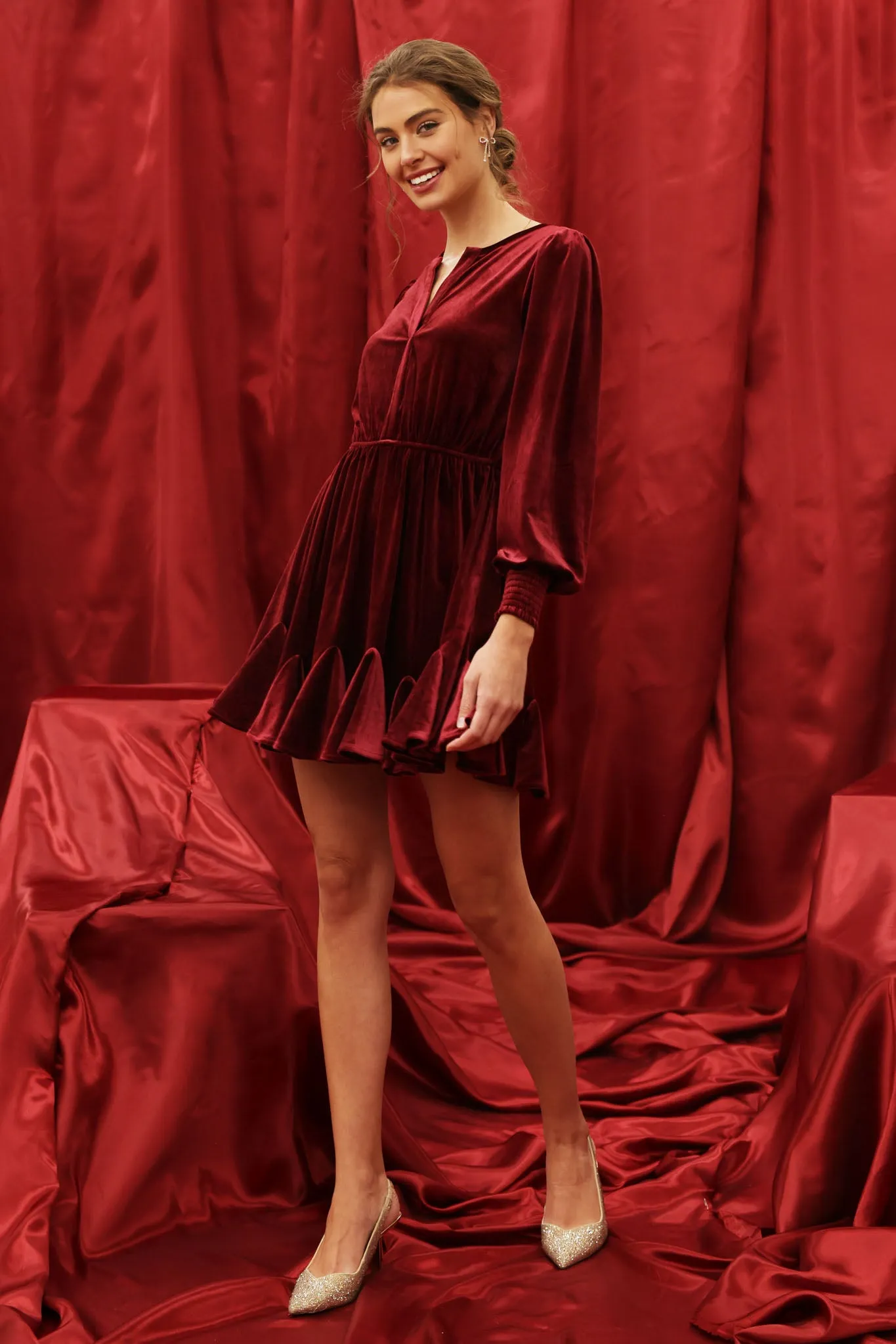 VELVET SPLIT COLLAR GODET MINI DRESS