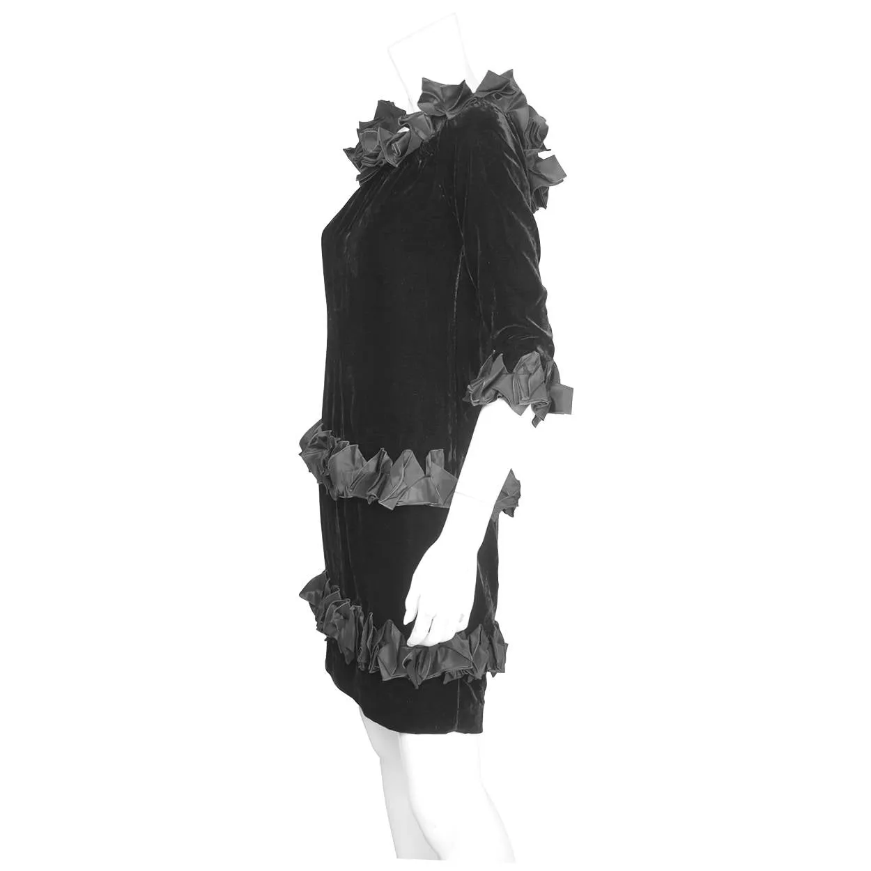 Vintage 1980s Yves Saint Laurent Dress in Black Velvet with Ruffles Size M