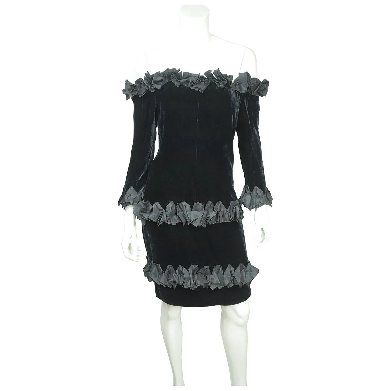 Vintage 1980s Yves Saint Laurent Dress in Black Velvet with Ruffles Size M