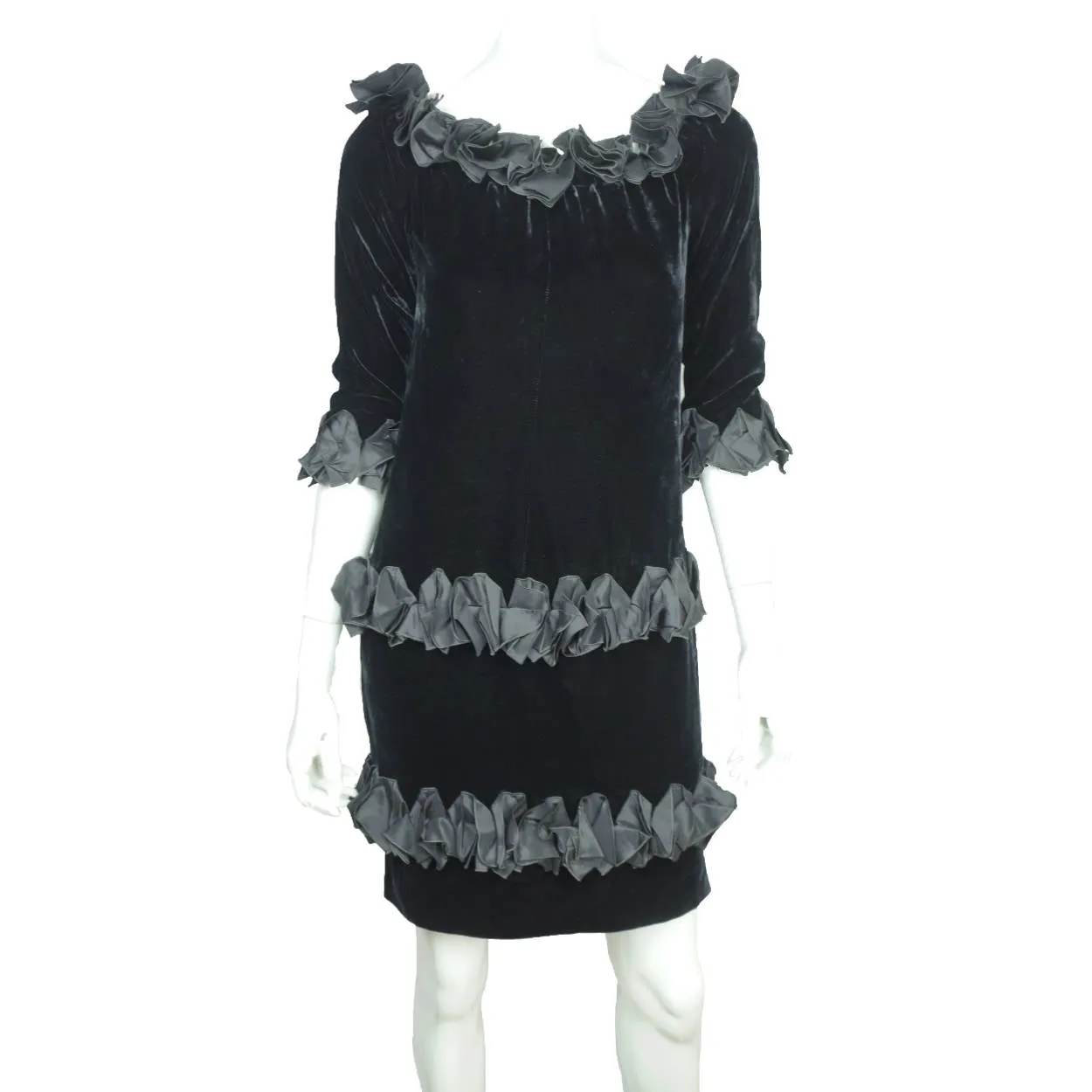 Vintage 1980s Yves Saint Laurent Dress in Black Velvet with Ruffles Size M