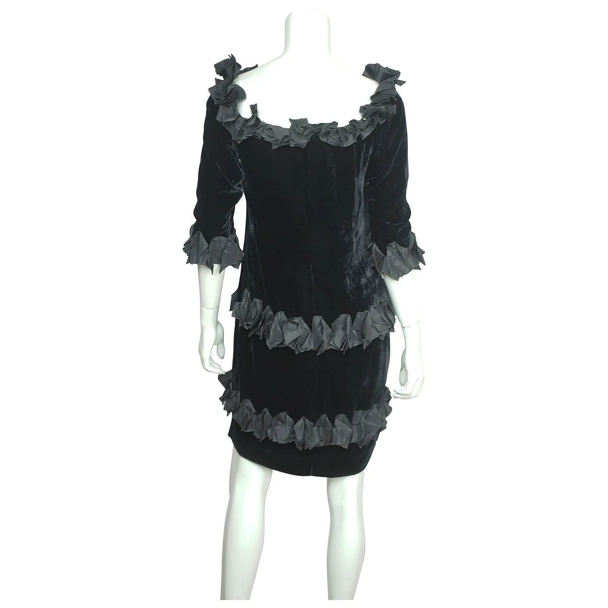 Vintage 1980s Yves Saint Laurent Dress in Black Velvet with Ruffles Size M