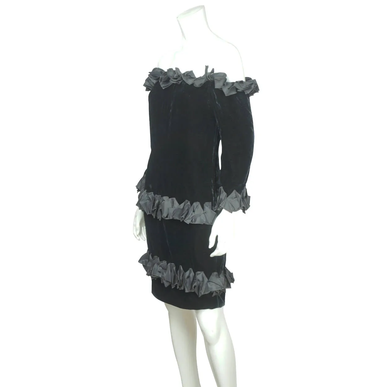 Vintage 1980s Yves Saint Laurent Dress in Black Velvet with Ruffles Size M
