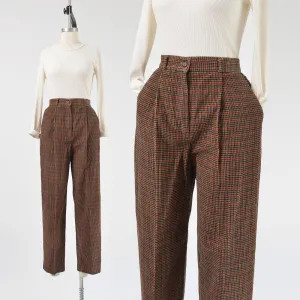 Vintage 90s Brown Houndstooth Corduroy Pleated Front Tapered Leg Pants size S