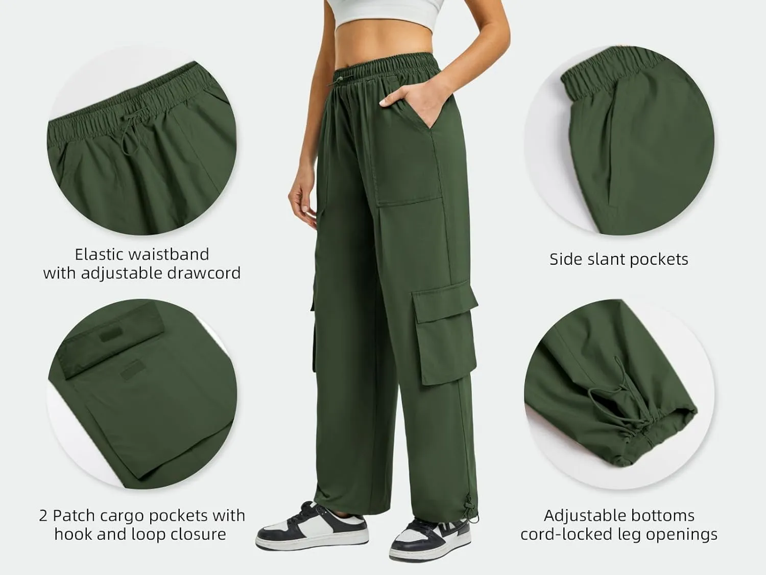 Women's Cargo Pants Water Resistant Lightweight Drawstring Hiking Joggers Base Jump Parachute Pants
