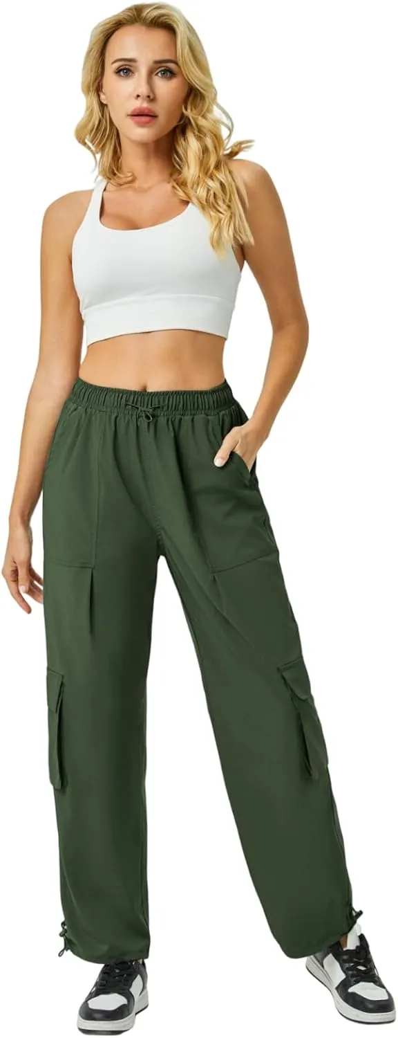 Women's Cargo Pants Water Resistant Lightweight Drawstring Hiking Joggers Base Jump Parachute Pants