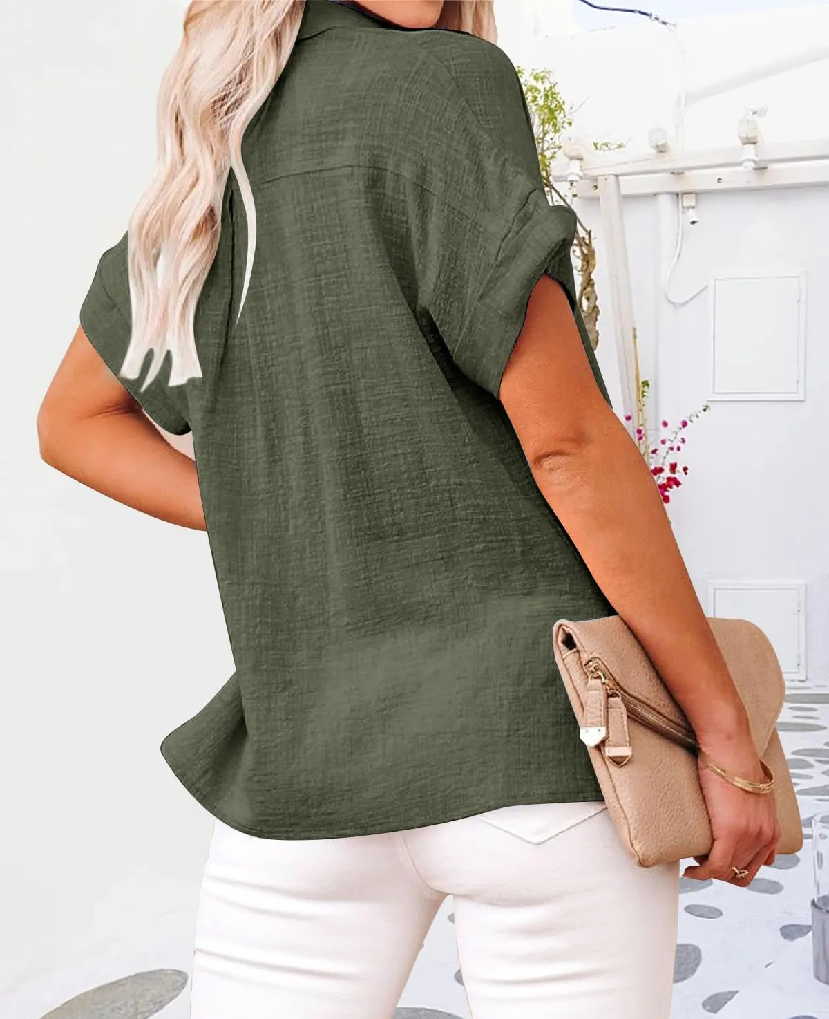 Womens Casual Cotton Linen Button Down Short Sleeve Shirts Solid Summer Beach Blouses Tops with Pocket