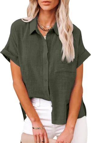 Womens Casual Cotton Linen Button Down Short Sleeve Shirts Solid Summer Beach Blouses Tops with Pocket