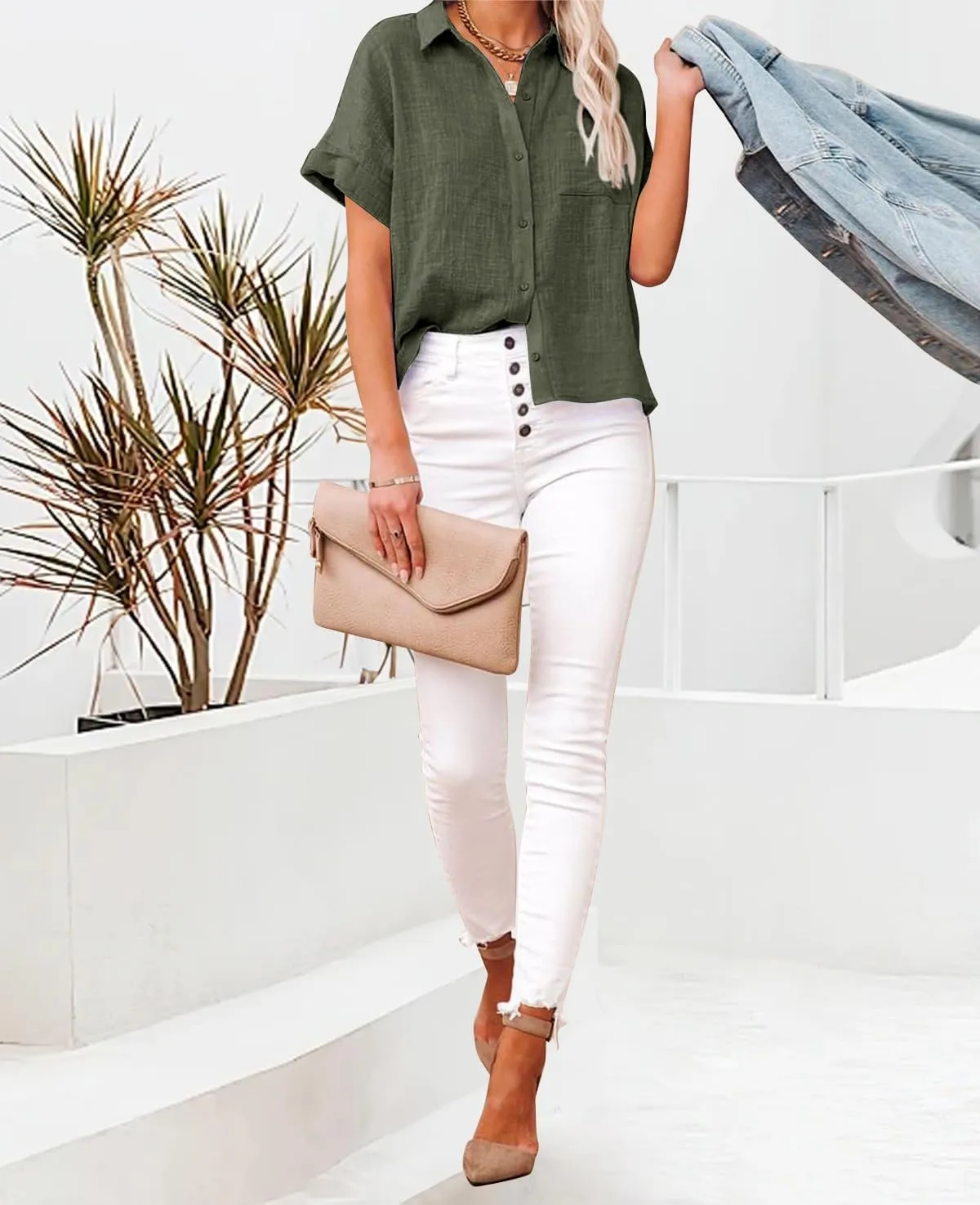 Womens Casual Cotton Linen Button Down Short Sleeve Shirts Solid Summer Beach Blouses Tops with Pocket
