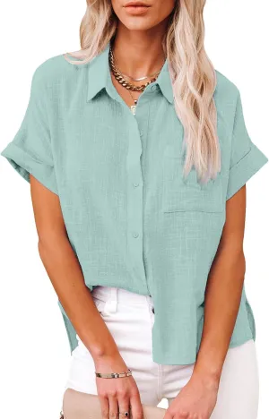 Womens Casual Cotton Linen Button Down Short Sleeve Shirts Solid Summer Beach Blouses Tops with Pocket