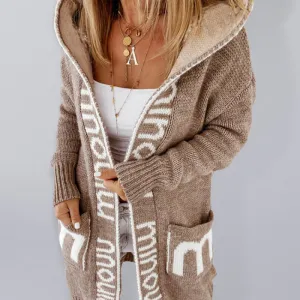 Women's  Letter Print Hooded Cardigan