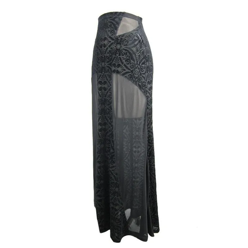 Women's Long Punk Skirt With Sheer Net Panels