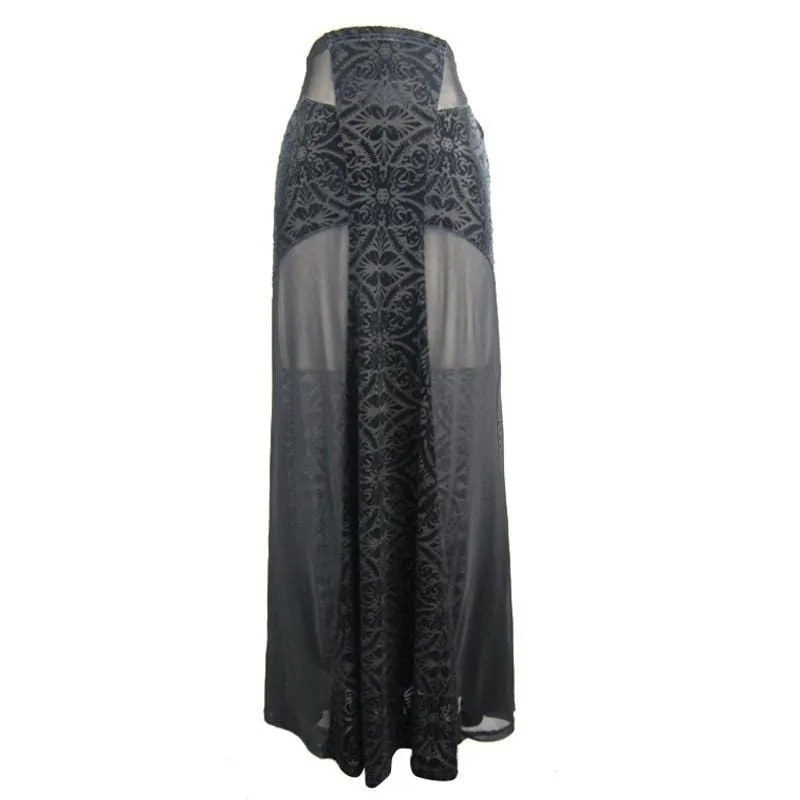 Women's Long Punk Skirt With Sheer Net Panels