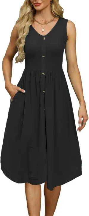 Women's Summer Sleeveless Dress Button Down Empire Waist Casual Midi Sundress with Pockets