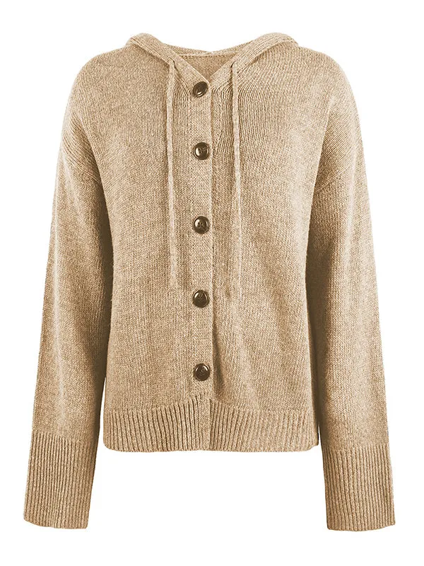 Wrap Buttoned Hooded Solid Color Cardigan